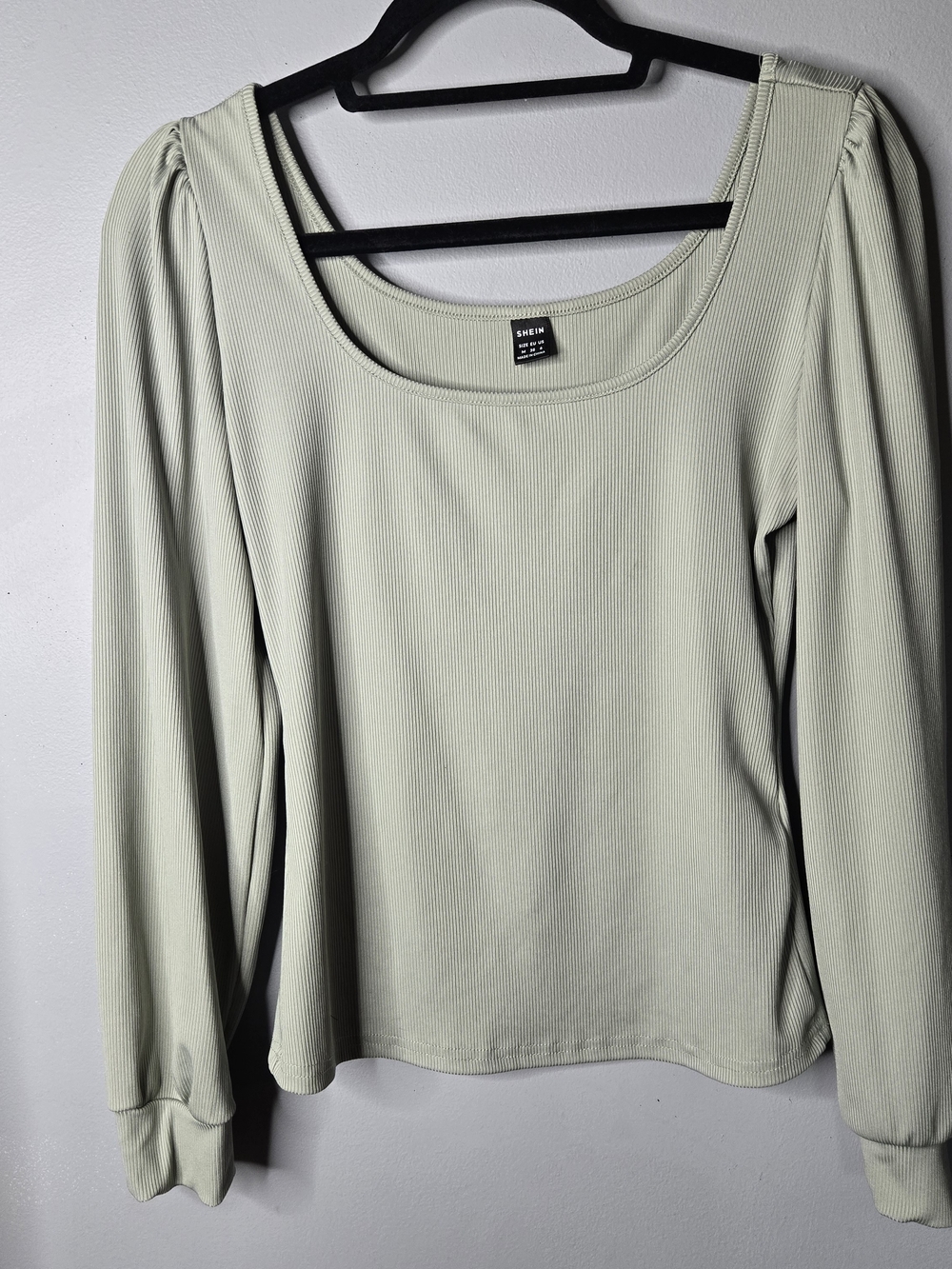 Sage Green Ribbed Puff Sleeve Scoop Neck Top | Medium